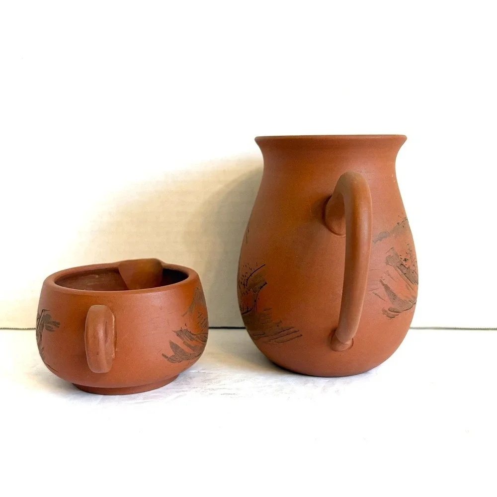 Vintage Japanese Tokoname Terracotta Pitcher Creamer Set Mt Fuji Etched Red Clay